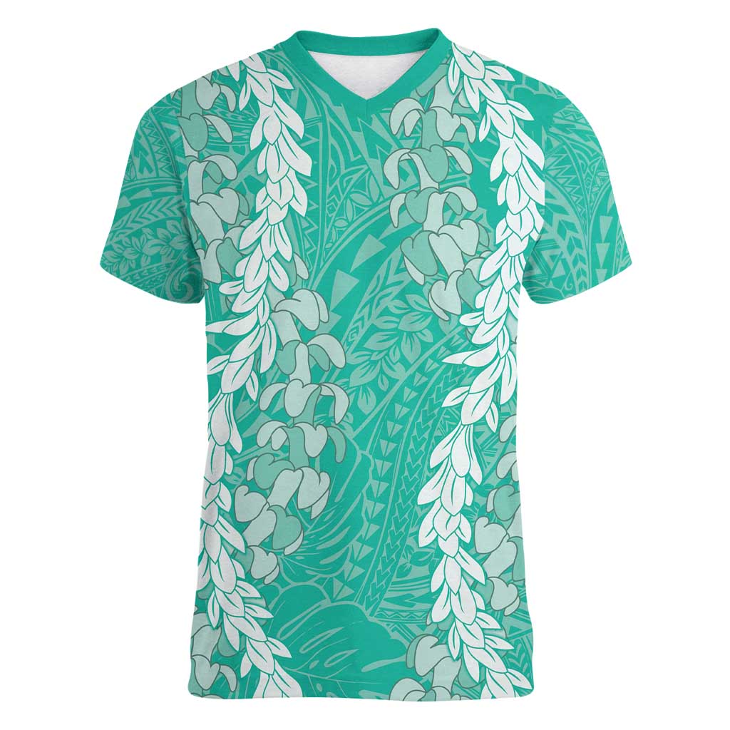 Puakenikeni and Maile Lei Women V-Neck T-Shirt Sage Green Double Strand Lei LT9 Female Sage Green - Polynesian Pride