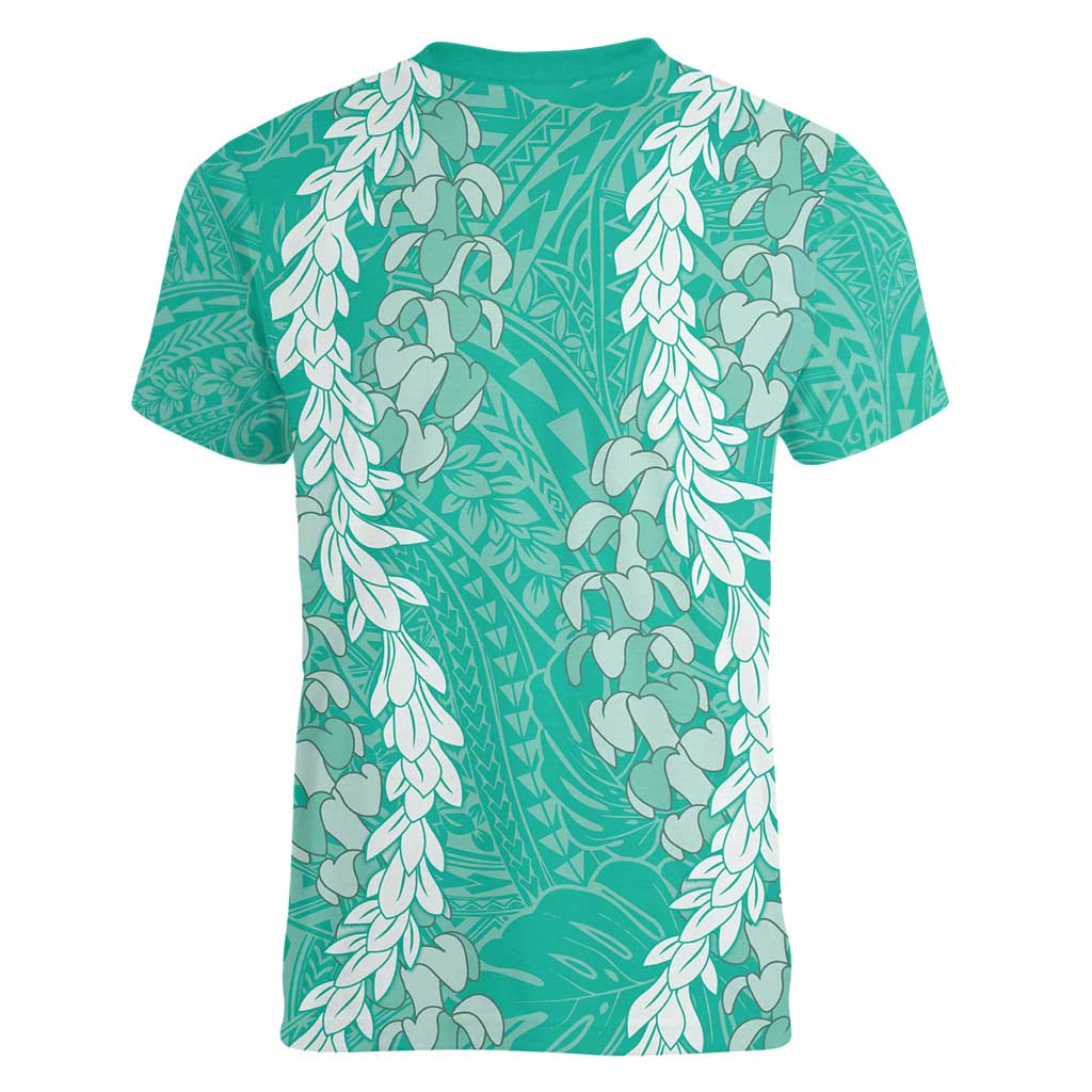 Puakenikeni and Maile Lei Women V-Neck T-Shirt Sage Green Double Strand Lei LT9 - Polynesian Pride