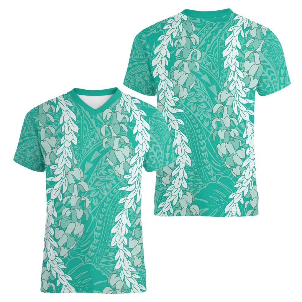 Puakenikeni and Maile Lei Women V-Neck T-Shirt Sage Green Double Strand Lei LT9 - Polynesian Pride