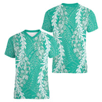 Puakenikeni and Maile Lei Women V-Neck T-Shirt Sage Green Double Strand Lei LT9 - Polynesian Pride