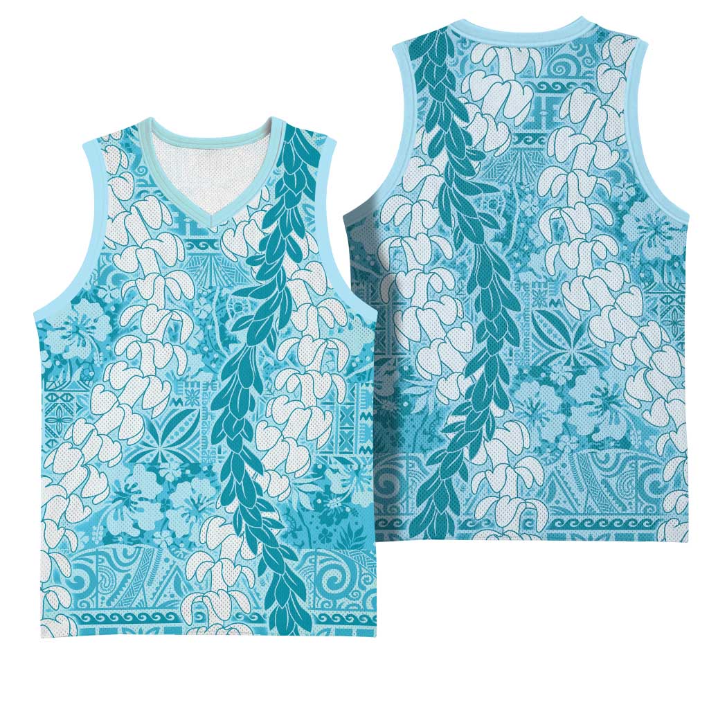 Blue Puakenikeni and Maile Lei Basketball Jersey Hawaiian Style Tribal Tapa Double Strand Lei - Polynesian Pride