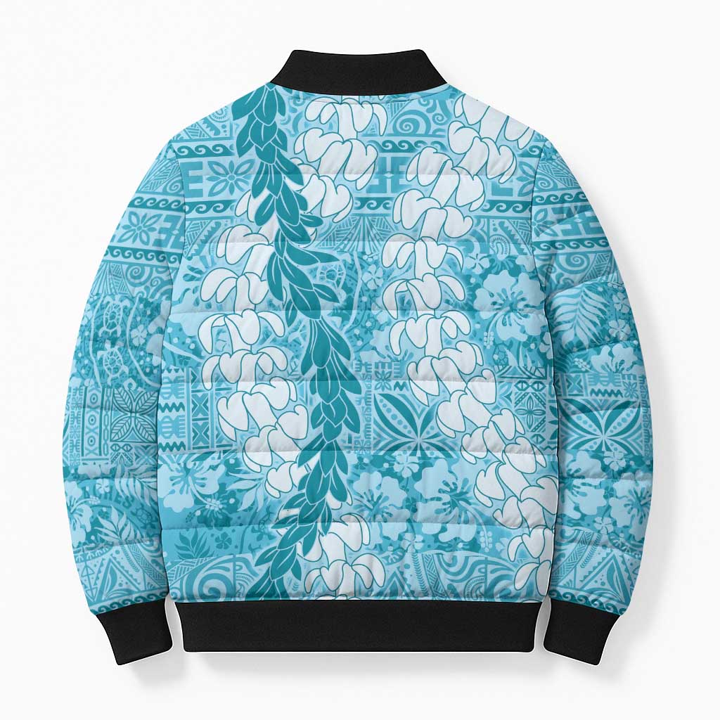 Blue Puakenikeni and Maile Lei Bomber Puffer Jacket Hawaiian Style Tribal Tapa Double Strand Lei - Polynesian Pride