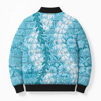Blue Puakenikeni and Maile Lei Bomber Puffer Jacket Hawaiian Style Tribal Tapa Double Strand Lei - Polynesian Pride