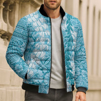 Blue Puakenikeni and Maile Lei Bomber Puffer Jacket Hawaiian Style Tribal Tapa Double Strand Lei - Polynesian Pride