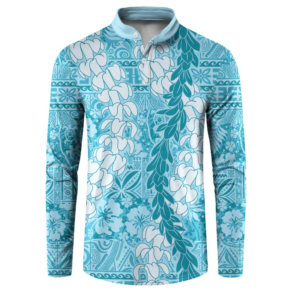 Blue Puakenikeni and Maile Lei Button Sweatshirt Hawaiian Style Tribal Tapa Double Strand Lei