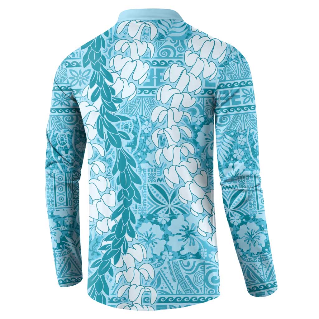 Blue Puakenikeni and Maile Lei Button Sweatshirt Hawaiian Style Tribal Tapa Double Strand Lei