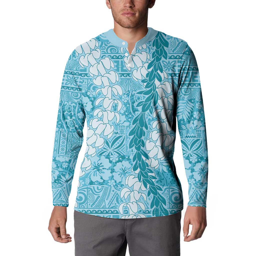 Blue Puakenikeni and Maile Lei Button Sweatshirt Hawaiian Style Tribal Tapa Double Strand Lei