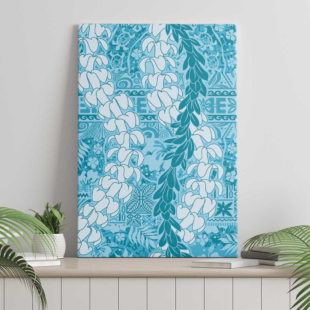 Blue Puakenikeni and Maile Lei Canvas Wall Art Hawaiian Style Tribal Tapa Double Strand Lei