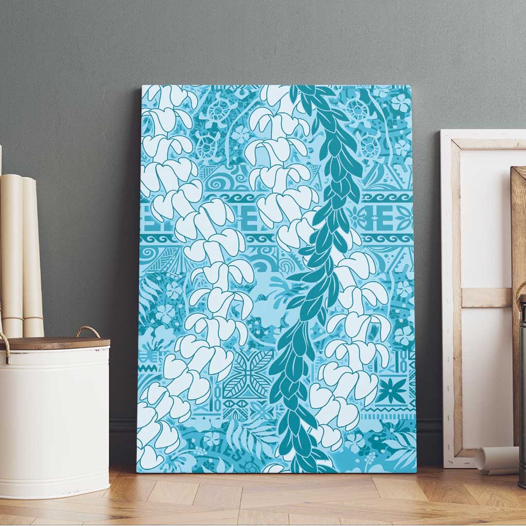 Blue Puakenikeni and Maile Lei Canvas Wall Art Hawaiian Style Tribal Tapa Double Strand Lei