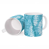 Blue Puakenikeni and Maile Lei Ceramic Mug Hawaiian Style Tribal Tapa Double Strand Lei - Polynesian Pride