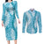 Blue Puakenikeni and Maile Lei Couples Matching Long Sleeve Bodycon Dress and Long Sleeve Button Shirt Hawaiian Style Tribal Tapa Double Strand Lei