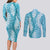 Blue Puakenikeni and Maile Lei Couples Matching Long Sleeve Bodycon Dress and Long Sleeve Button Shirt Hawaiian Style Tribal Tapa Double Strand Lei