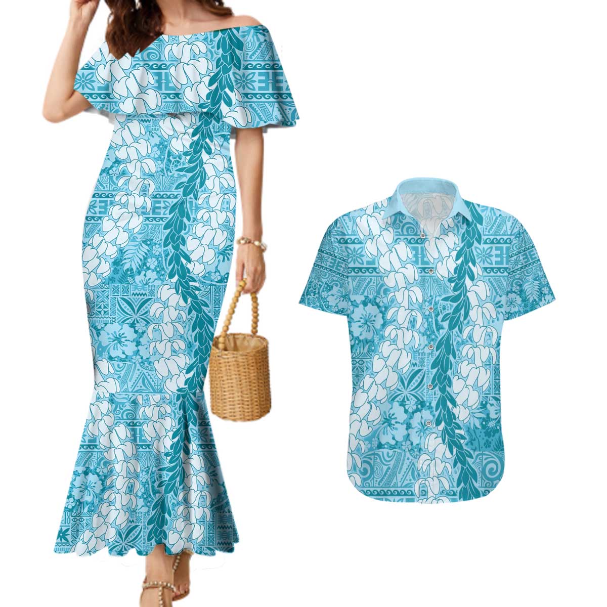 Blue Puakenikeni and Maile Lei Couples Matching Mermaid Dress and Hawaiian Shirt Hawaiian Style Tribal Tapa Double Strand Lei