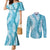 Blue Puakenikeni and Maile Lei Couples Matching Mermaid Dress and Long Sleeve Button Shirt Hawaiian Style Tribal Tapa Double Strand Lei