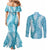 Blue Puakenikeni and Maile Lei Couples Matching Mermaid Dress and Long Sleeve Button Shirt Hawaiian Style Tribal Tapa Double Strand Lei