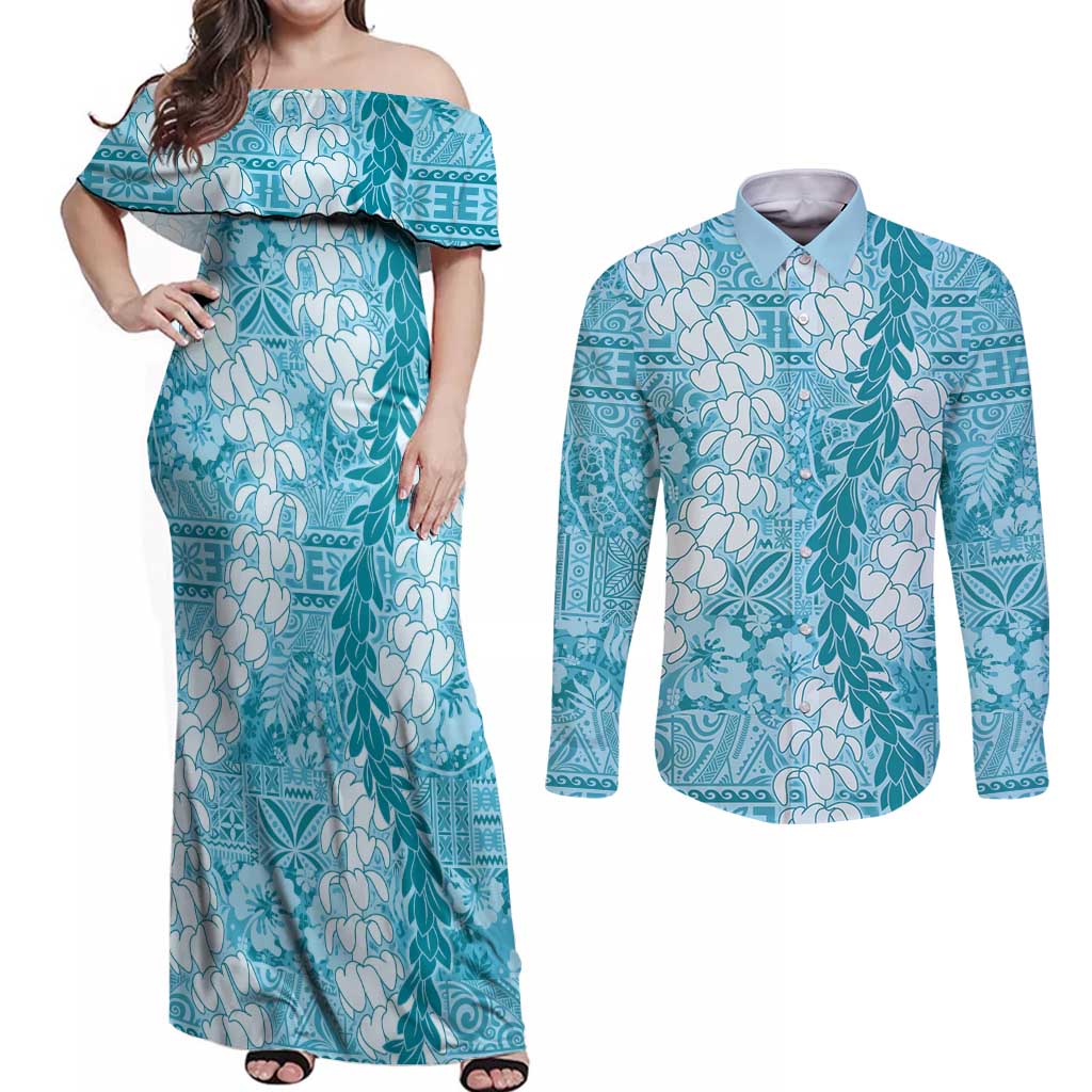 Blue Puakenikeni and Maile Lei Couples Matching Off Shoulder Maxi Dress and Long Sleeve Button Shirt Hawaiian Style Tribal Tapa Double Strand Lei