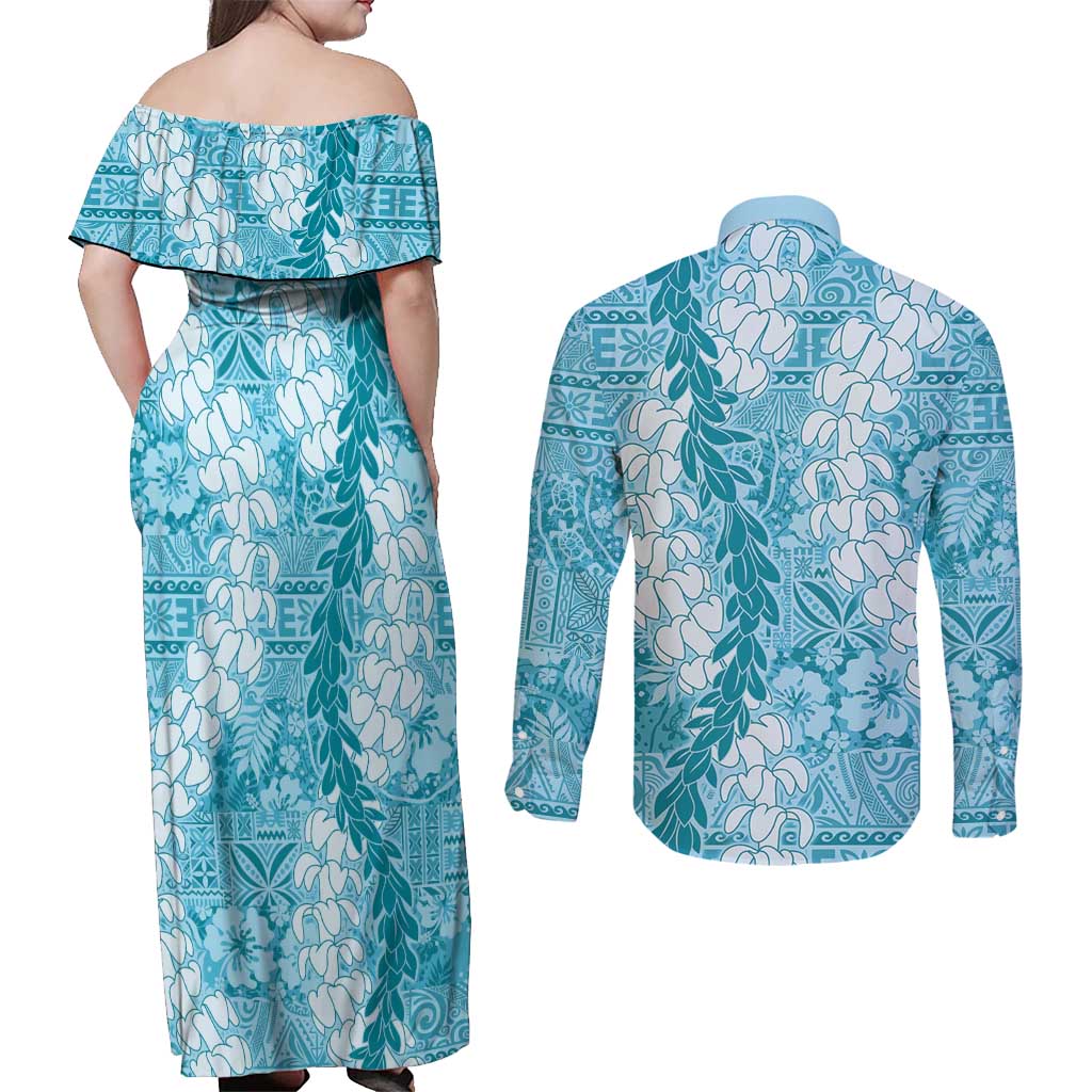 Blue Puakenikeni and Maile Lei Couples Matching Off Shoulder Maxi Dress and Long Sleeve Button Shirt Hawaiian Style Tribal Tapa Double Strand Lei