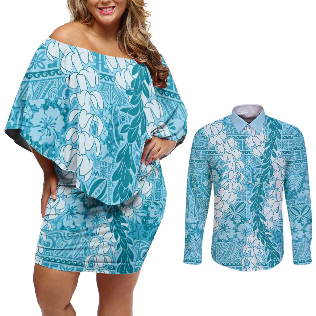 Blue Puakenikeni and Maile Lei Couples Matching Off Shoulder Short Dress and Long Sleeve Button Shirt Hawaiian Style Tribal Tapa Double Strand Lei