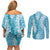 Blue Puakenikeni and Maile Lei Couples Matching Off Shoulder Short Dress and Long Sleeve Button Shirt Hawaiian Style Tribal Tapa Double Strand Lei