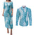 Blue Puakenikeni and Maile Lei Couples Matching Puletasi and Long Sleeve Button Shirt Hawaiian Style Tribal Tapa Double Strand Lei