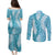 Blue Puakenikeni and Maile Lei Couples Matching Puletasi and Long Sleeve Button Shirt Hawaiian Style Tribal Tapa Double Strand Lei