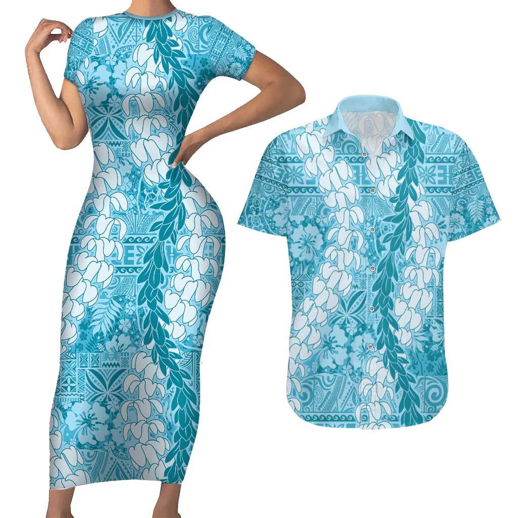 Blue Puakenikeni and Maile Lei Couples Matching Short Sleeve Bodycon Dress and Hawaiian Shirt Hawaiian Style Tribal Tapa Double Strand Lei