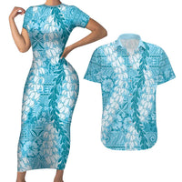 Blue Puakenikeni and Maile Lei Couples Matching Short Sleeve Bodycon Dress and Hawaiian Shirt Hawaiian Style Tribal Tapa Double Strand Lei