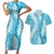Blue Puakenikeni and Maile Lei Couples Matching Short Sleeve Bodycon Dress and Hawaiian Shirt Hawaiian Style Tribal Tapa Double Strand Lei