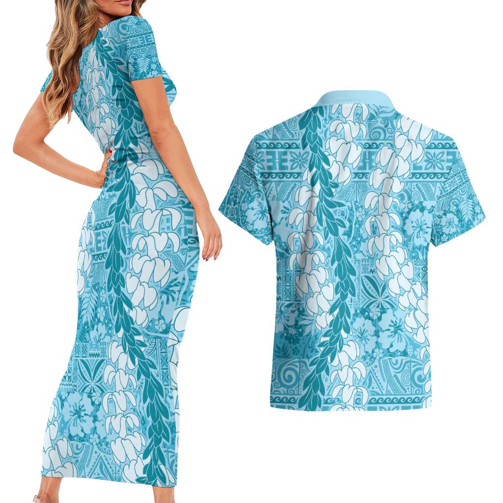 Blue Puakenikeni and Maile Lei Couples Matching Short Sleeve Bodycon Dress and Hawaiian Shirt Hawaiian Style Tribal Tapa Double Strand Lei