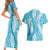 Blue Puakenikeni and Maile Lei Couples Matching Short Sleeve Bodycon Dress and Hawaiian Shirt Hawaiian Style Tribal Tapa Double Strand Lei