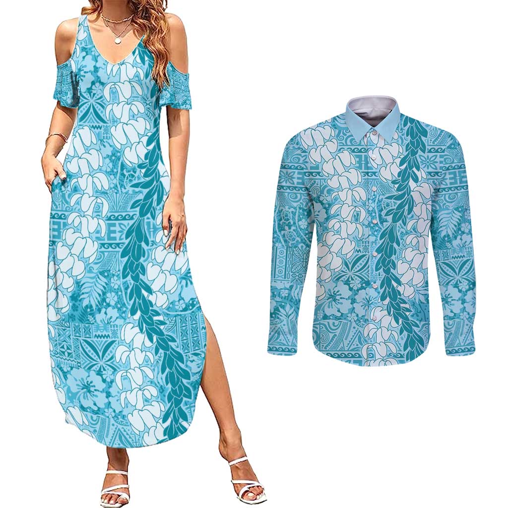 Blue Puakenikeni and Maile Lei Couples Matching Summer Maxi Dress and Long Sleeve Button Shirt Hawaiian Style Tribal Tapa Double Strand Lei