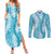 Blue Puakenikeni and Maile Lei Couples Matching Summer Maxi Dress and Long Sleeve Button Shirt Hawaiian Style Tribal Tapa Double Strand Lei