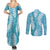 Blue Puakenikeni and Maile Lei Couples Matching Summer Maxi Dress and Long Sleeve Button Shirt Hawaiian Style Tribal Tapa Double Strand Lei