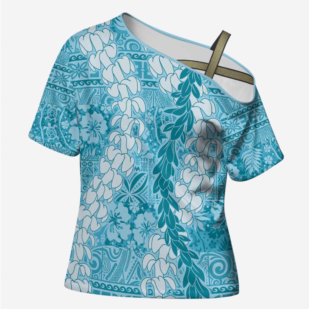 Blue Puakenikeni and Maile Lei Cross Shoulder Shirt Hawaiian Style Tribal Tapa Double Strand Lei - Polynesian Pride