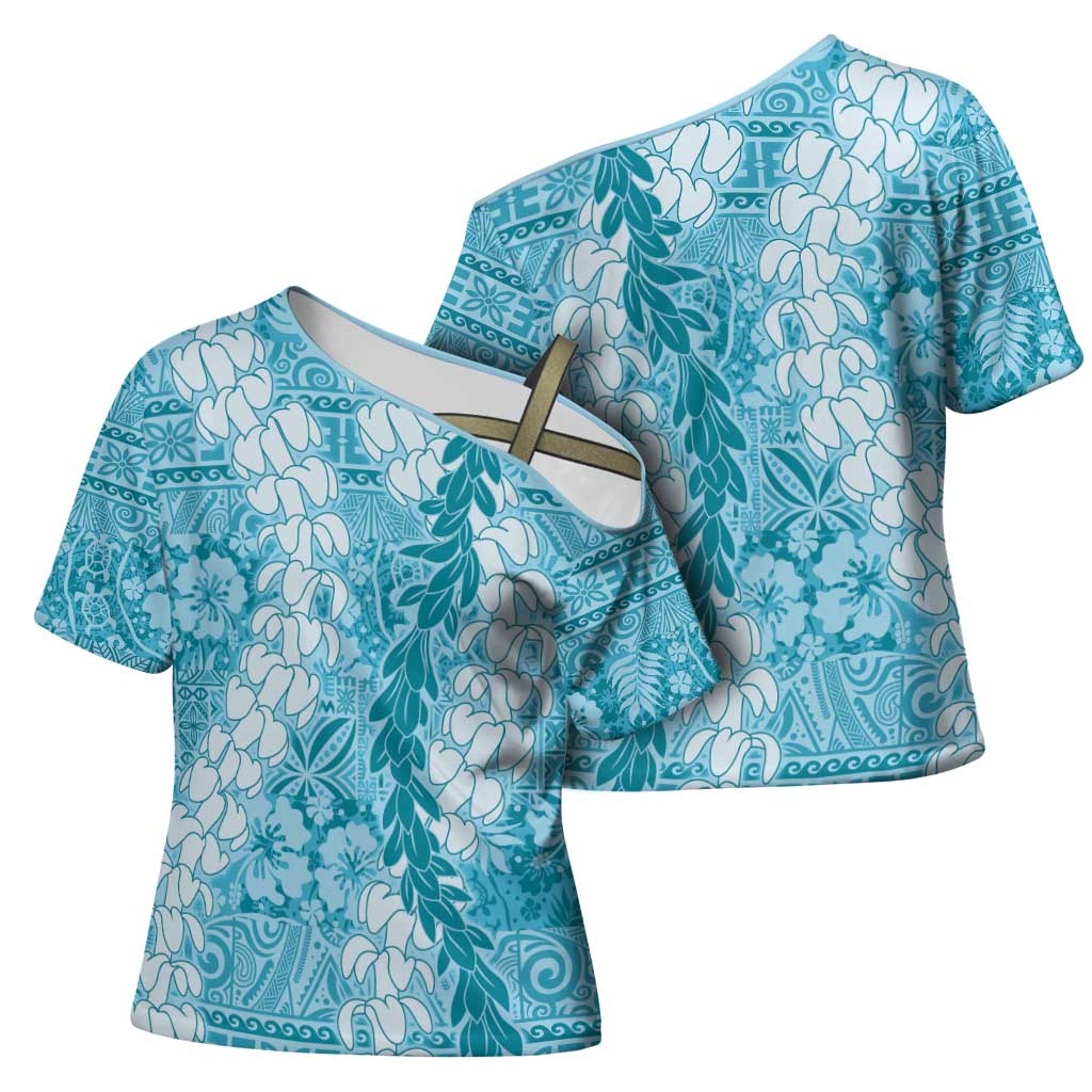 Blue Puakenikeni and Maile Lei Cross Shoulder Shirt Hawaiian Style Tribal Tapa Double Strand Lei - Polynesian Pride