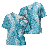 Blue Puakenikeni and Maile Lei Cross Shoulder Shirt Hawaiian Style Tribal Tapa Double Strand Lei - Polynesian Pride