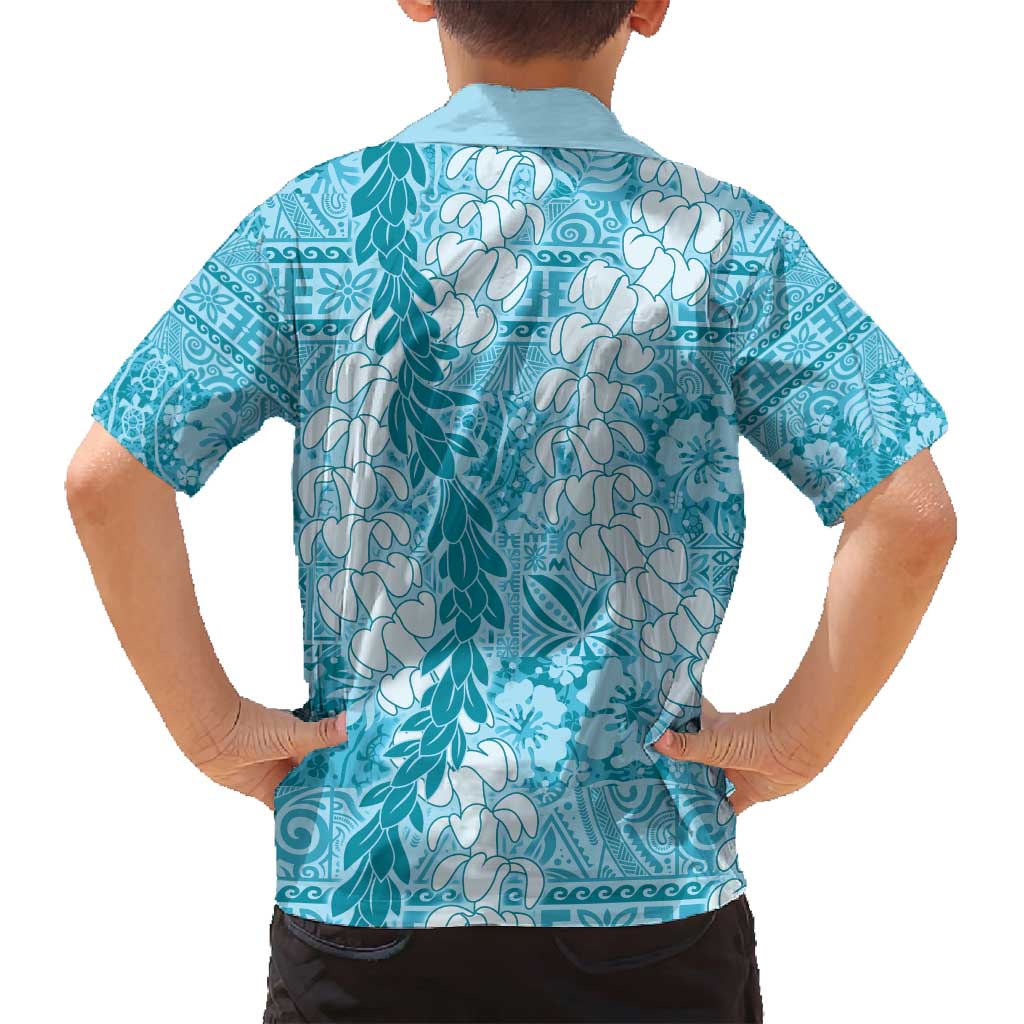 Blue Puakenikeni and Maile Lei Family Matching Long Sleeve Bodycon Dress and Hawaiian Shirt Hawaiian Style Tribal Tapa Double Strand Lei