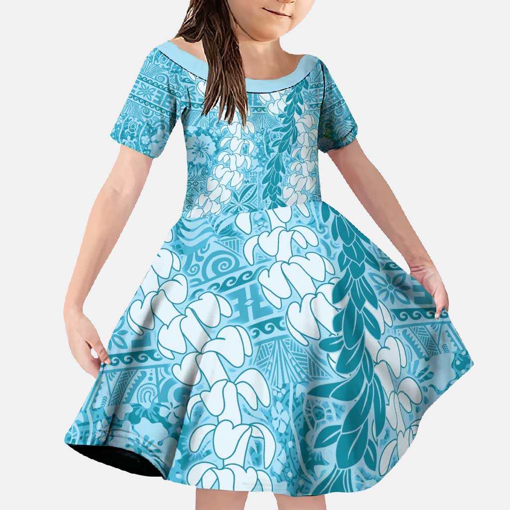 Blue Puakenikeni and Maile Lei Family Matching Long Sleeve Bodycon Dress and Hawaiian Shirt Hawaiian Style Tribal Tapa Double Strand Lei