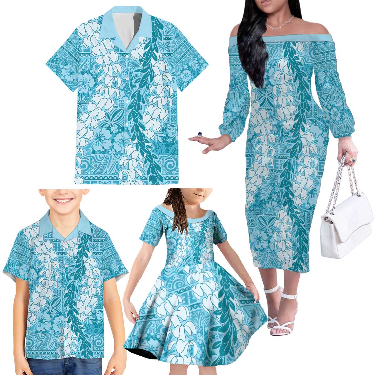 Blue Puakenikeni and Maile Lei Family Matching Off The Shoulder Long Sleeve Dress and Hawaiian Shirt Hawaiian Style Tribal Tapa Double Strand Lei
