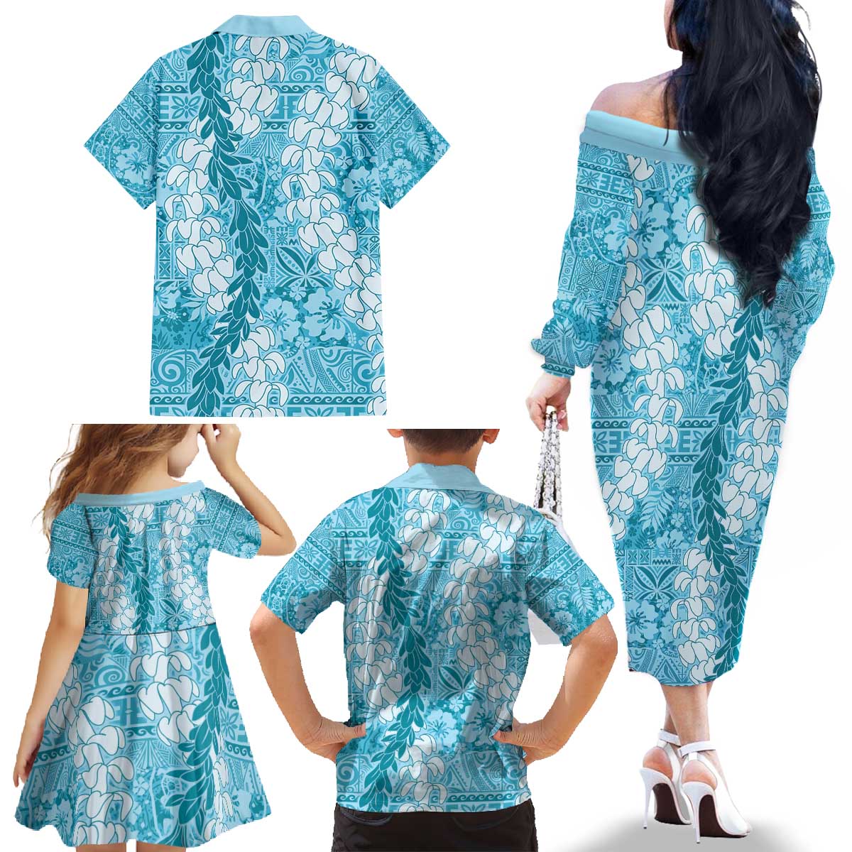 Blue Puakenikeni and Maile Lei Family Matching Off The Shoulder Long Sleeve Dress and Hawaiian Shirt Hawaiian Style Tribal Tapa Double Strand Lei