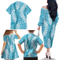Blue Puakenikeni and Maile Lei Family Matching Off The Shoulder Long Sleeve Dress and Hawaiian Shirt Hawaiian Style Tribal Tapa Double Strand Lei