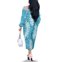 Blue Puakenikeni and Maile Lei Family Matching Off The Shoulder Long Sleeve Dress and Hawaiian Shirt Hawaiian Style Tribal Tapa Double Strand Lei