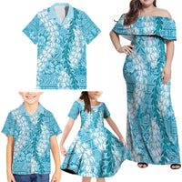 Blue Puakenikeni and Maile Lei Family Matching Off Shoulder Maxi Dress and Hawaiian Shirt Hawaiian Style Tribal Tapa Double Strand Lei