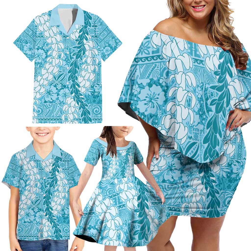Blue Puakenikeni and Maile Lei Family Matching Off Shoulder Short Dress and Hawaiian Shirt Hawaiian Style Tribal Tapa Double Strand Lei