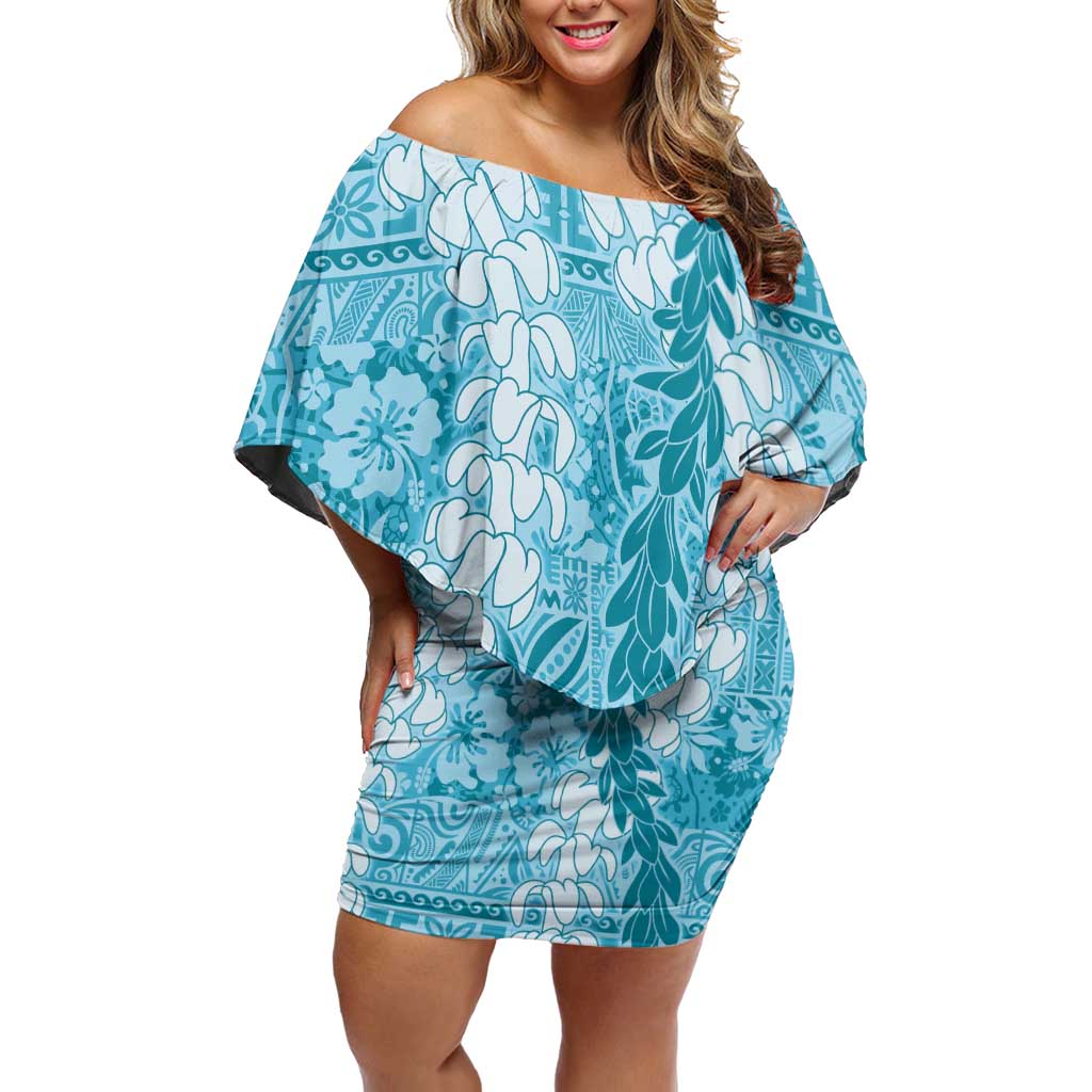 Blue Puakenikeni and Maile Lei Family Matching Off Shoulder Short Dress and Hawaiian Shirt Hawaiian Style Tribal Tapa Double Strand Lei