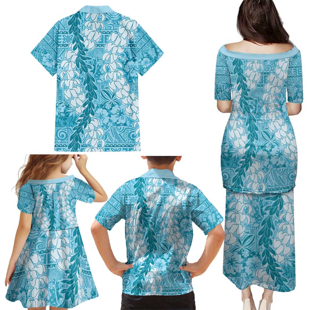 Blue Puakenikeni and Maile Lei Family Matching Puletasi and Hawaiian Shirt Hawaiian Style Tribal Tapa Double Strand Lei