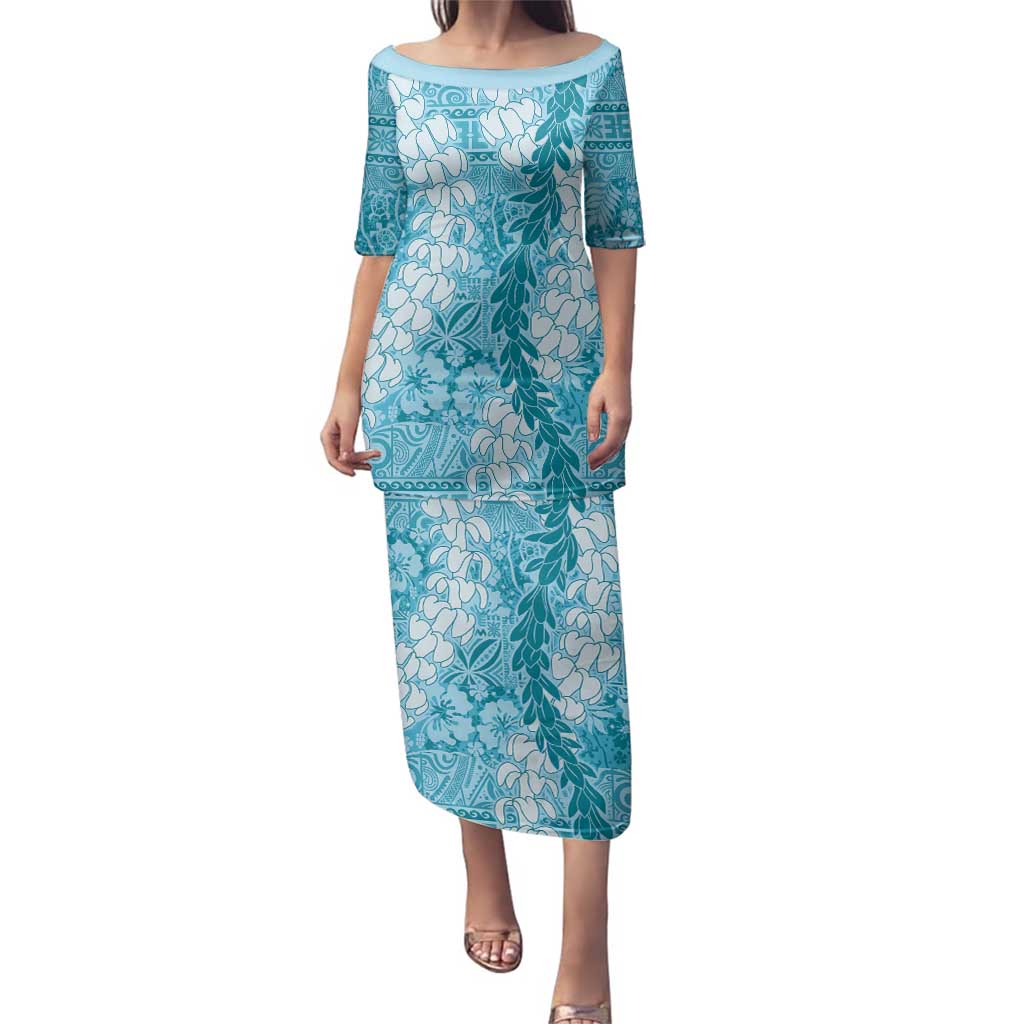 Blue Puakenikeni and Maile Lei Family Matching Puletasi and Hawaiian Shirt Hawaiian Style Tribal Tapa Double Strand Lei