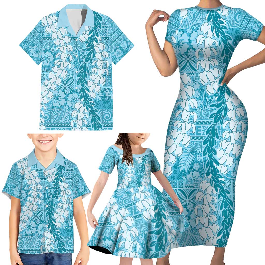 Blue Puakenikeni and Maile Lei Family Matching Short Sleeve Bodycon Dress and Hawaiian Shirt Hawaiian Style Tribal Tapa Double Strand Lei