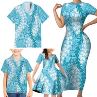 Blue Puakenikeni and Maile Lei Family Matching Short Sleeve Bodycon Dress and Hawaiian Shirt Hawaiian Style Tribal Tapa Double Strand Lei