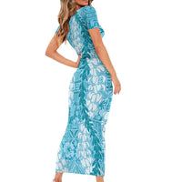 Blue Puakenikeni and Maile Lei Family Matching Short Sleeve Bodycon Dress and Hawaiian Shirt Hawaiian Style Tribal Tapa Double Strand Lei